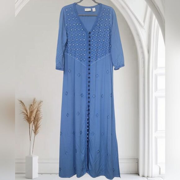 Soft Surroundings Blue V-Neck Embroidered Rayon Button Down Maxi Dress, LT - Picture 1 of 12